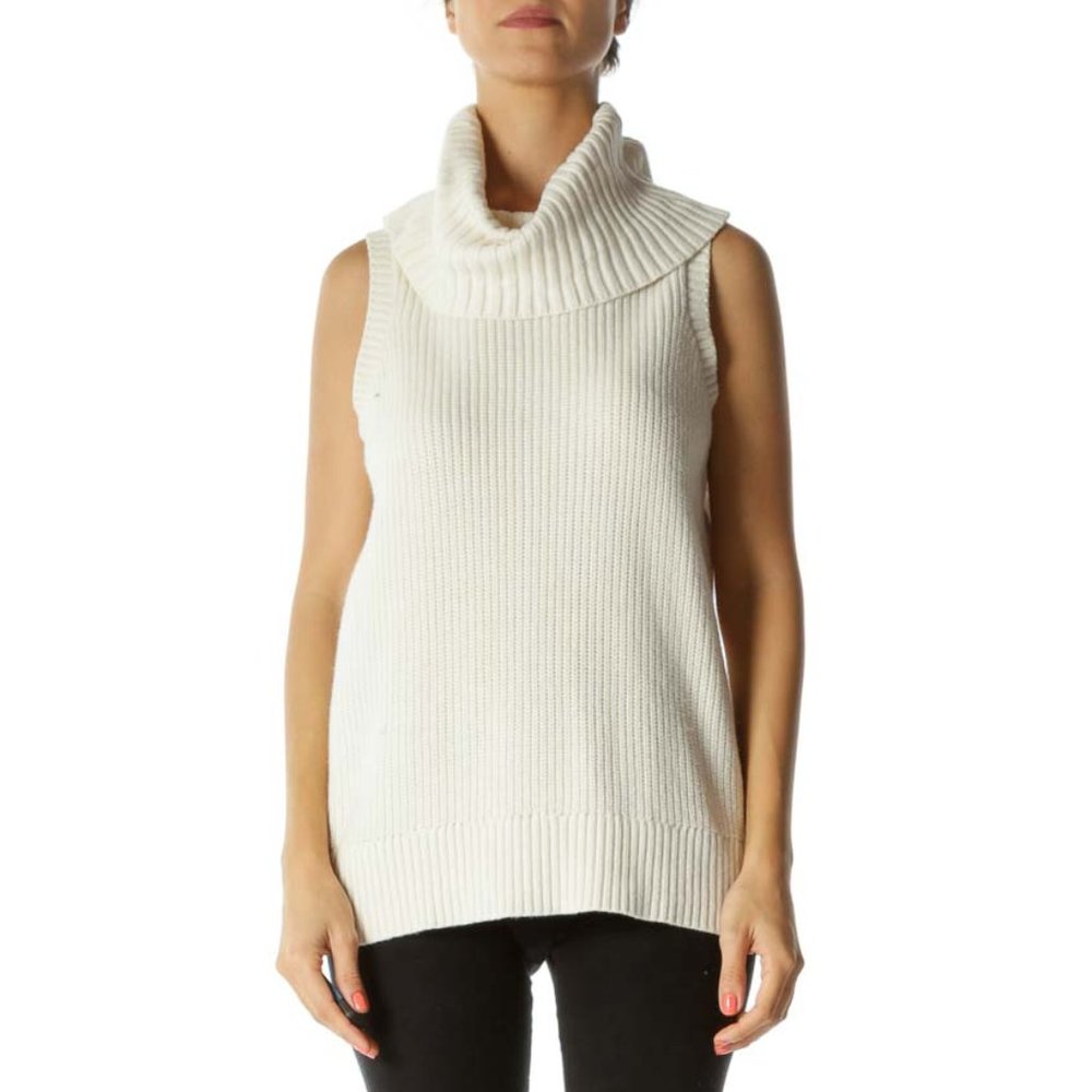 Banana Republic Cream Ribbed Turtle Neck Sleeveless Stretch Knit Top